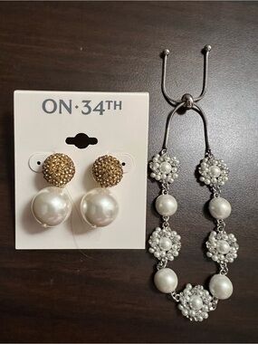 Gold and White Pearl Drop Earrings & Bracelet Set